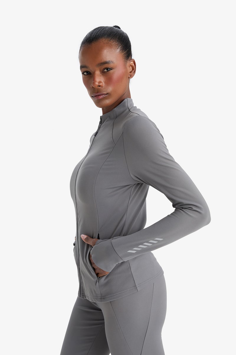 DeFacto Grey Woman Slim Fit High Collar Zip-Up Sweatshirt Casual - Image 4